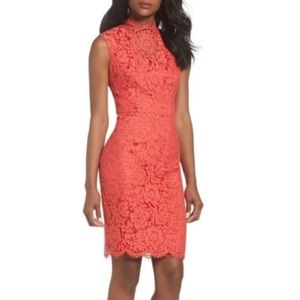 Vince Camuto red coral open back lace sheath dress women’s size 14
